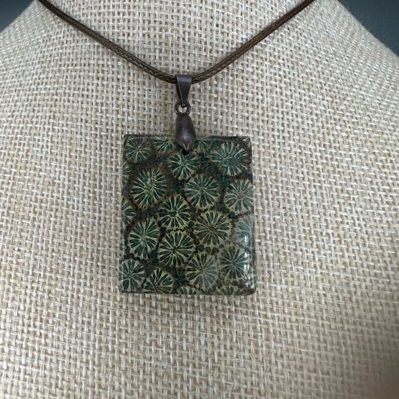 Green and Brown Coral Fossil Square Pendant Necklace on Brown Rope - Picture 11 of 12
